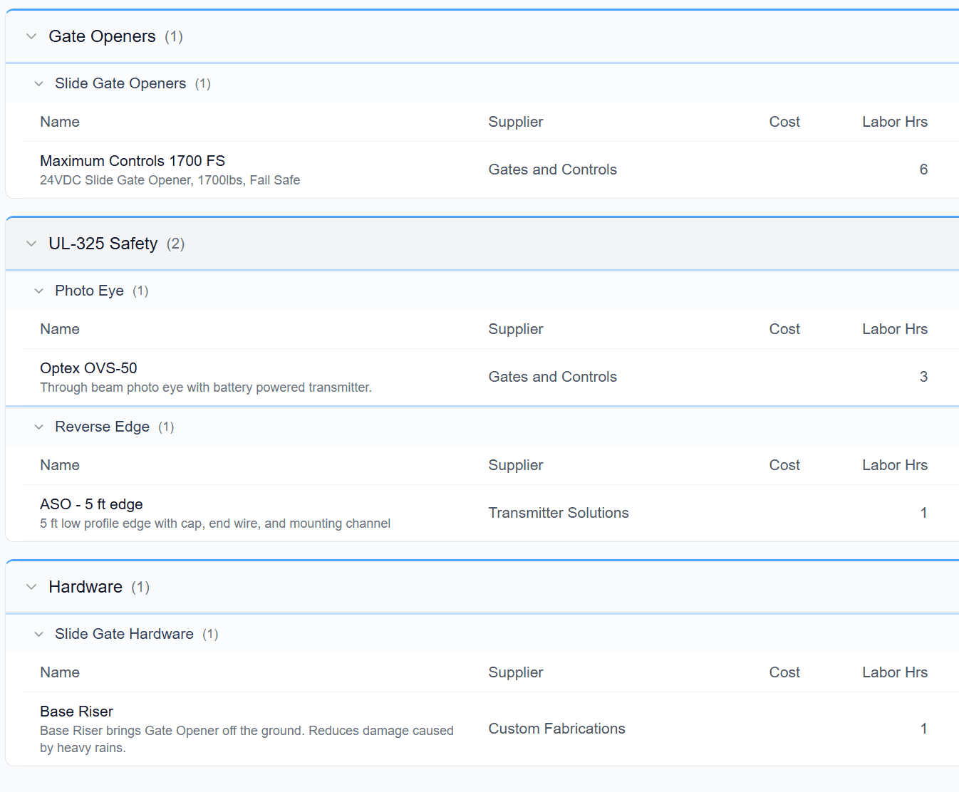 Product catalog with categories for gate openers, safety devices, and hardware